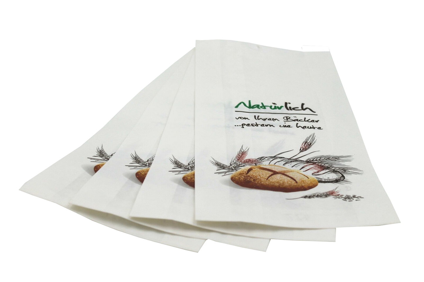 1000 Bäckerbeutel Faltenbeutel Bäckertüten, 14+6x32cm, Nr. 423, weiß Natürlich oder aus braun, enggeripptes Kraftpapier mit Druck